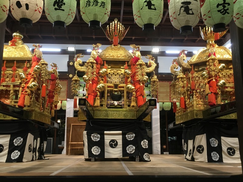In the light of day the next morning, the three mikoshi look resplendent. They'll stay here a couple of days before being taken to their 'otabisho' on July 17