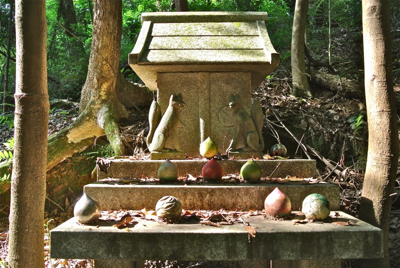 An Inari subshrine with 'tama' offerings that look relatively recent though the shrine is unswept