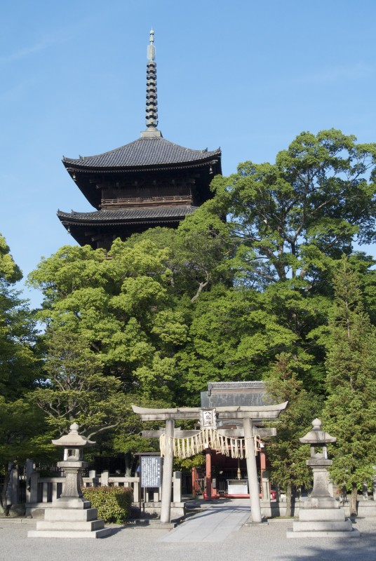 Torii and pagoda, two symbols of Japanese religion, here ranged syncretically next to each other