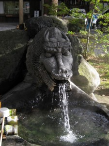 The water basin at Suwa Taisha, where animal sacrifice is still carried out not only in the form of frogs but of deer
