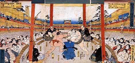 A woodblock print of sumo in Edo times