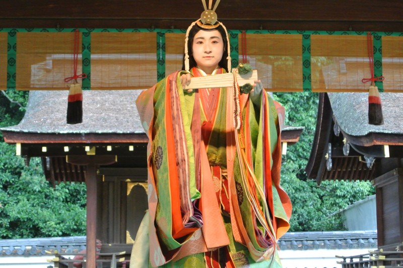 Display of the 12 layered ceremonial dress of Heian times (junihitoe)